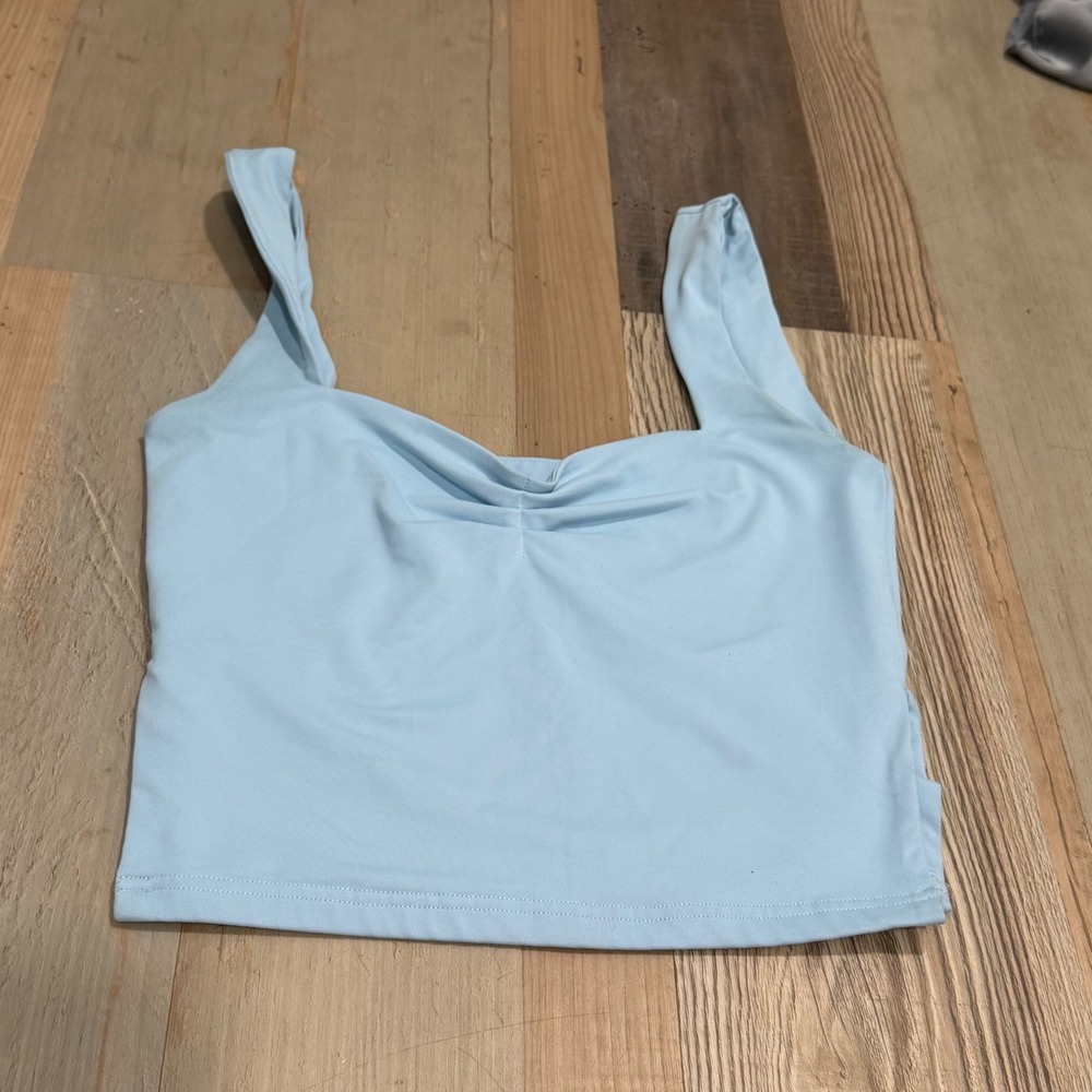 ReoRia Ruched Square Neck Crop Tank Top Size S Light Blue Sleeveless Bodycon